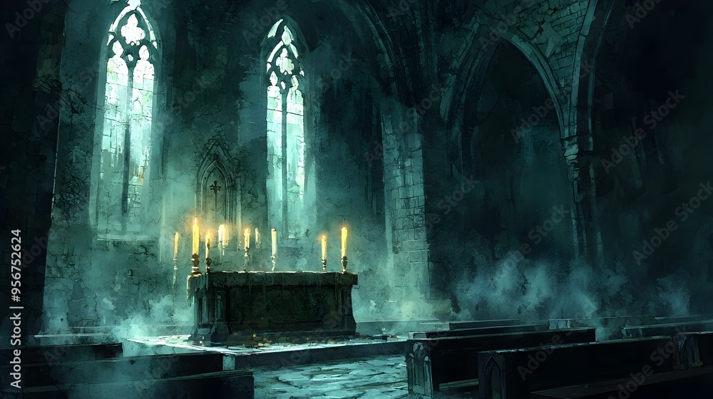 Mystical Candle-lit Gothic Altar in Ancient Watercolor Church Mystical Candle-lit Gothic Altar in Ancient Watercolor Church