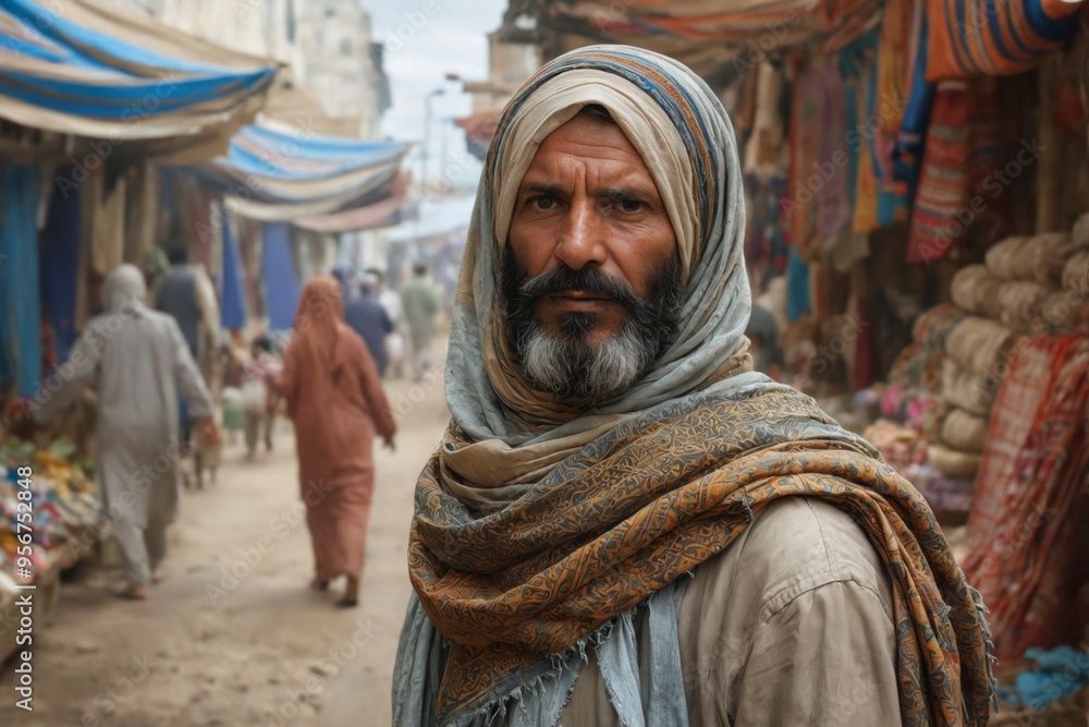 Naklejka premium Man walking through market He is wearing traditional Muslim man