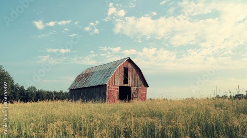 Red Barn in a Field of Grass.