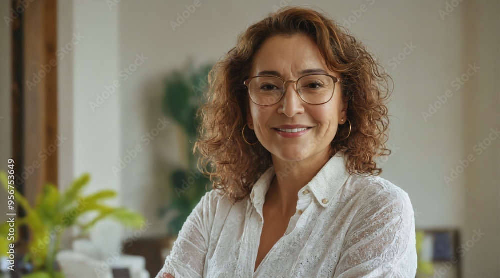 Portrait middle-aged woman shoulder-length curly hair glasses Sh Portrait middle-aged woman shoulder-length curly hair glasses Sh