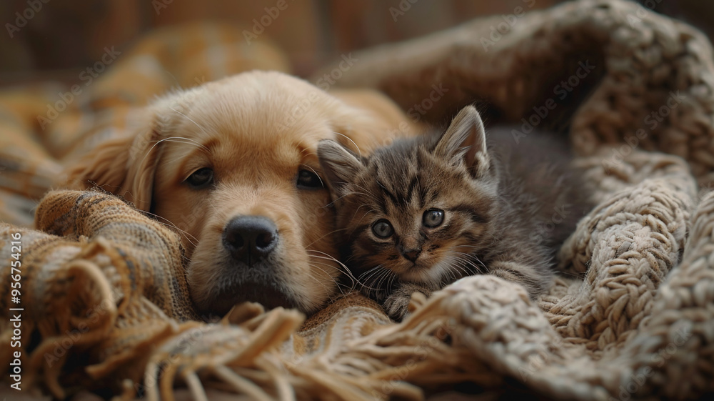 Obraz premium Best friends cat dog resting on the carpet