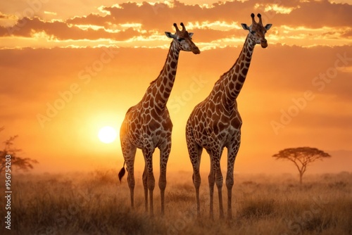 Two giraffes standing savanna landscape sunset sky is Giraffe gr