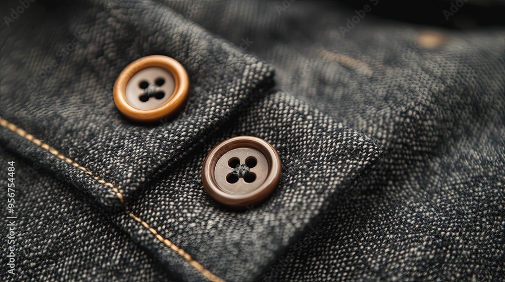 Close-up of Two Brown Buttons on Denim Fabric Close-up of Two Brown Buttons on Denim Fabric