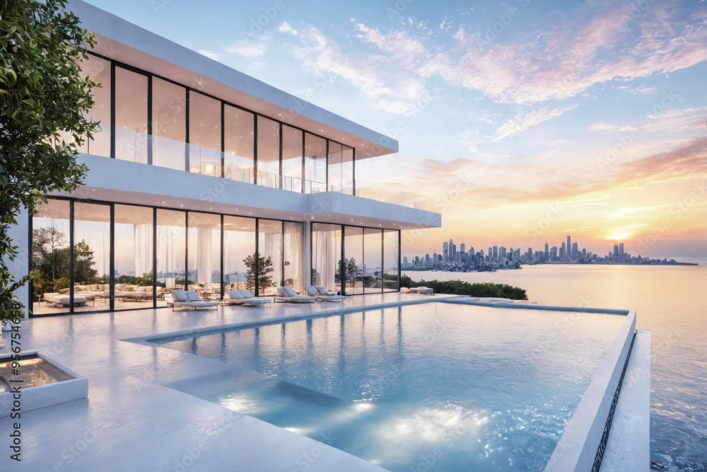 Fototapeta premium 3D rendering modern luxury villa stunning view city luxurious mo