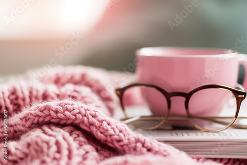 A pink cup filled with a warm beverage sits next to a soft knit blanket and reading material, creating a comforting morning atmosphere that invites relaxation