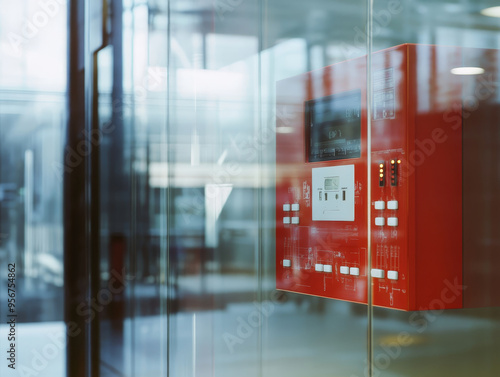 Fire alarm control panel on glass wall, showcasing modern safety technology and design.