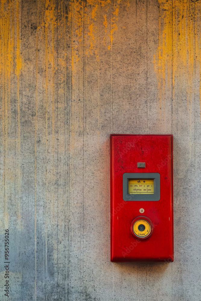 Fire alarm control panel set against textured wall, showcasing vibrant red color and intricate details. striking visual representation of safety equipment. Fire alarm control panel set against textured wall, showcasing vibrant red color and intricate details. striking visual representation of safety equipment.