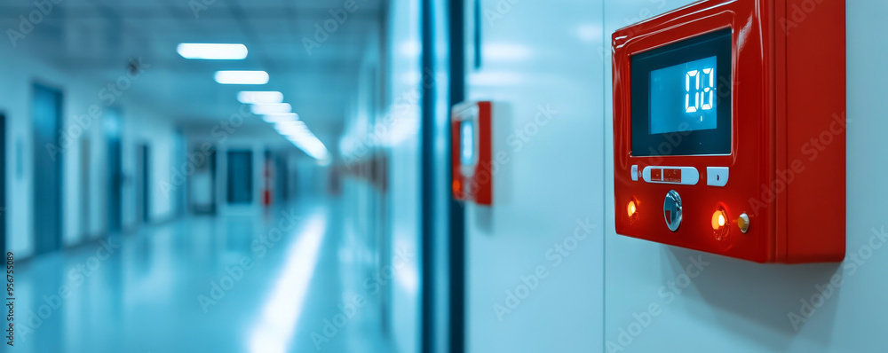 Fire alarm control panel with bright indicators in corridor Fire alarm control panel with bright indicators in corridor
