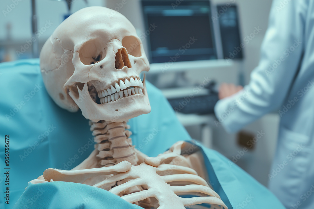 Startled skeleton surprised by medical staff in hospital gown during examination Startled skeleton surprised by medical staff in hospital gown during examination