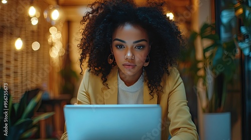 Young Woman with Curly Hair Using a Laptop in a Warmly Lit Setting