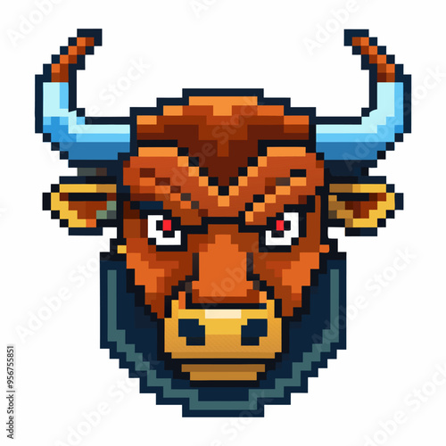 Pixel Art Bull Head Icon   Retro Gaming Animal Illustration