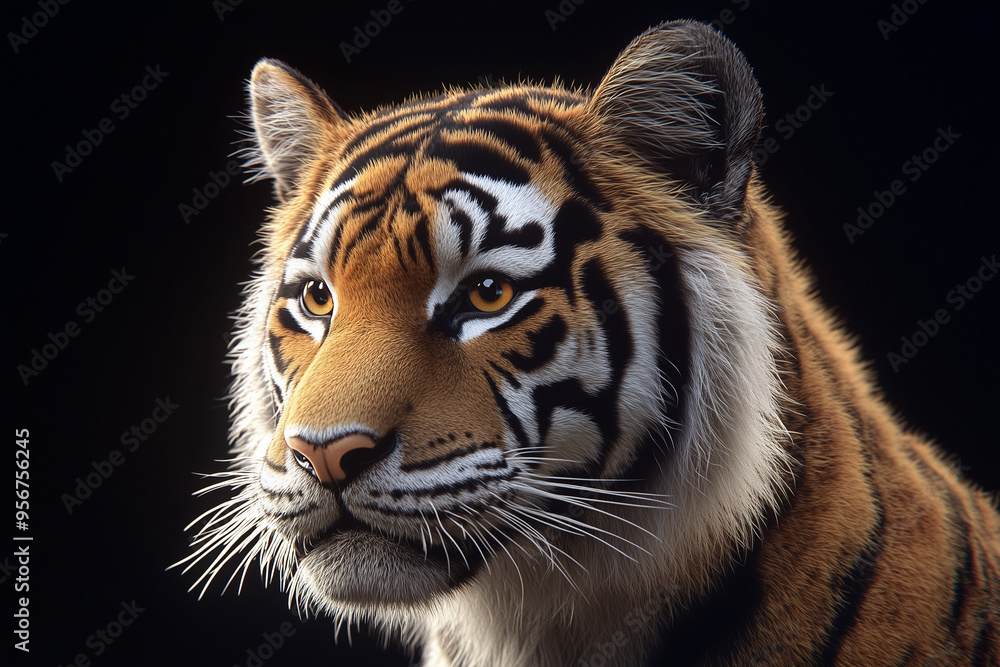 Fototapeta premium Majestic tiger gazing intently under even lighting against dark backdrop in a captivating moment
