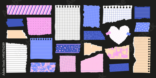 Shred paper set. Ripped scrapbook notebook sheets. Blank design elements, patterned adhesive tapes and stickers. In a cage and in a ruler notes. Vector illustration. School and office uneven crafts