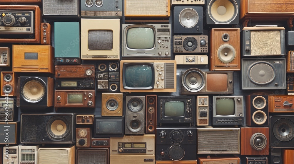 Obraz premium Old-fashioned televisions, radios, and speakers arranged in a repeating pattern. The image is perfect as a vintage backdrop, evoking memories of past eras.