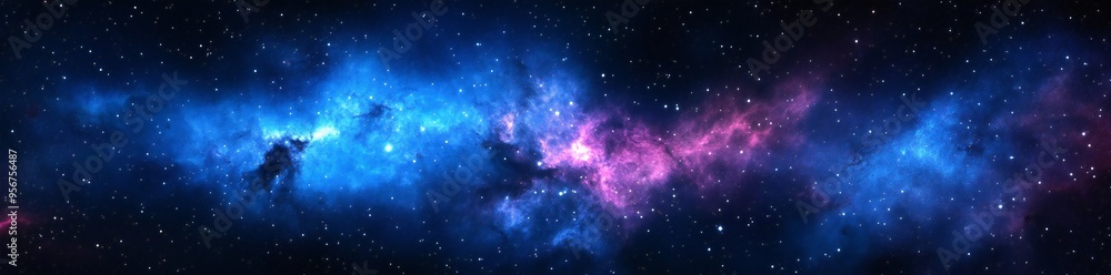 Naklejka premium Blue galaxy background with stars and nebulae, abstract space panoramic banner