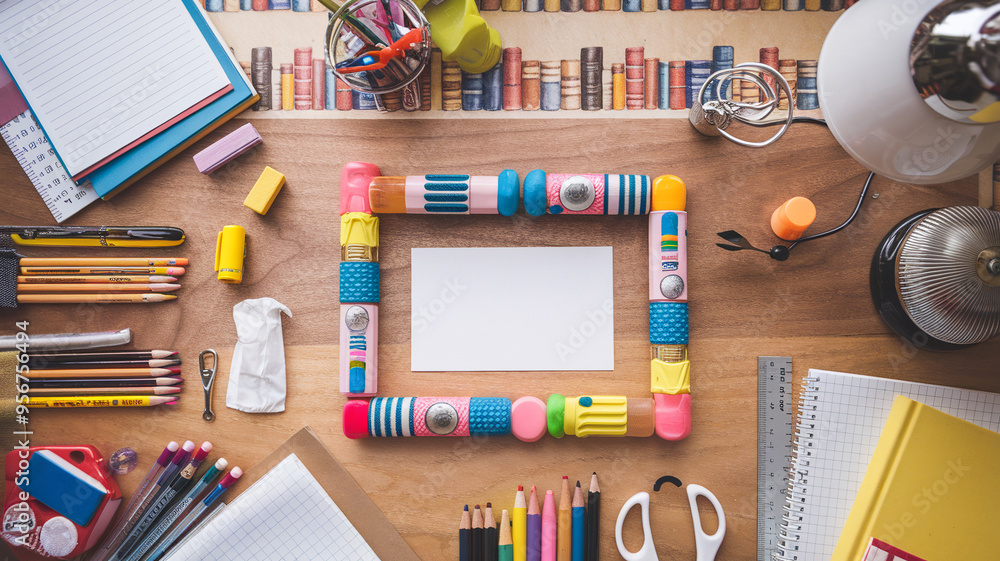 Fototapeta premium School supplies on wooden table, background with frame made of stationery and blank paper card in center.