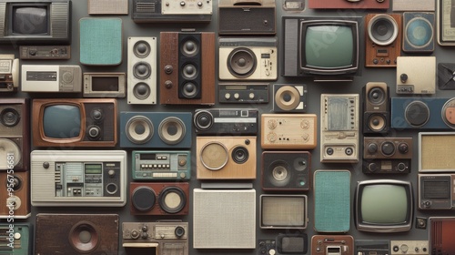 Old-fashioned televisions, radios, and speakers arranged in a repeating pattern. The image is perfect as a vintage backdrop, evoking memories of past eras.