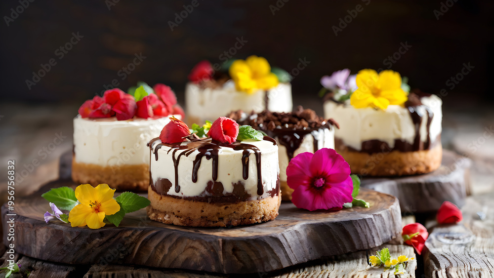 delicious beautiful berry bright cheesecake in chocolate with raspberries with floral decor on a wooden tray, exquisite dessert, petals, cupcakes, cake on a dark background, berries delicious beautiful berry bright cheesecake in chocolate with raspberries with floral decor on a wooden tray, exquisite dessert, petals, cupcakes, cake on a dark background, berries