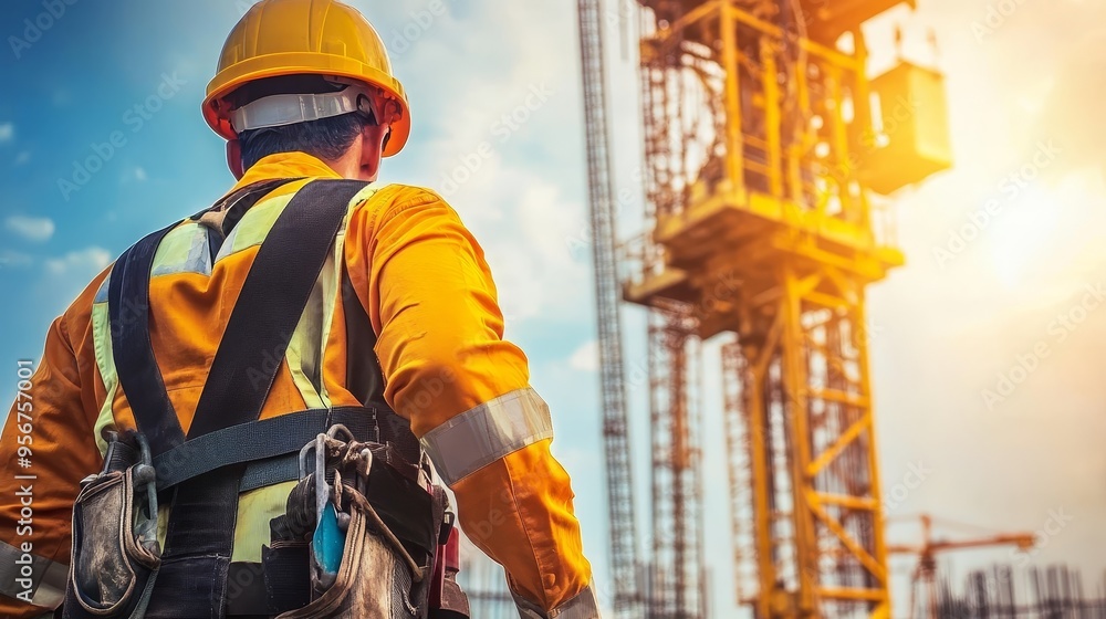 A construction worker in an orange safety jacket and helmet observes a crane at a building site during sunset. A construction worker in an orange safety jacket and helmet observes a crane at a building site during sunset.