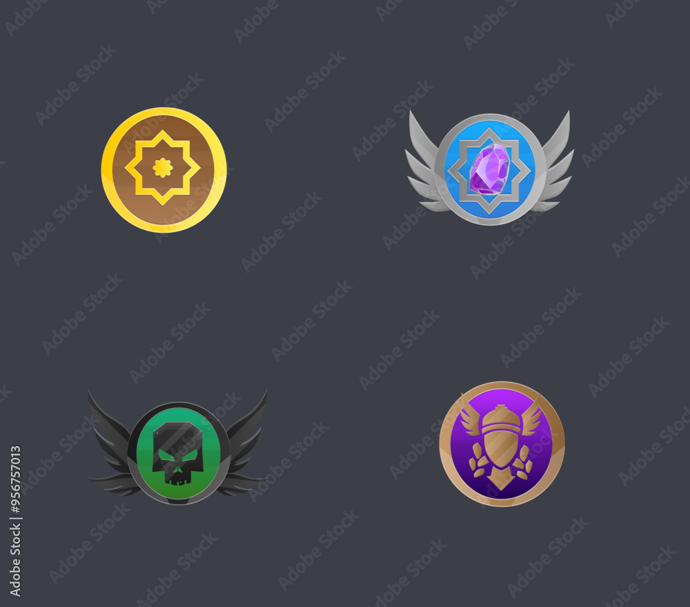 Set Of Four Coins Medal Achievement Icon Badge Golden Silver Bronze Game UI Isolated Vector Design Set Of Four Coins Medal Achievement Icon Badge Golden Silver Bronze Game UI Isolated Vector Design