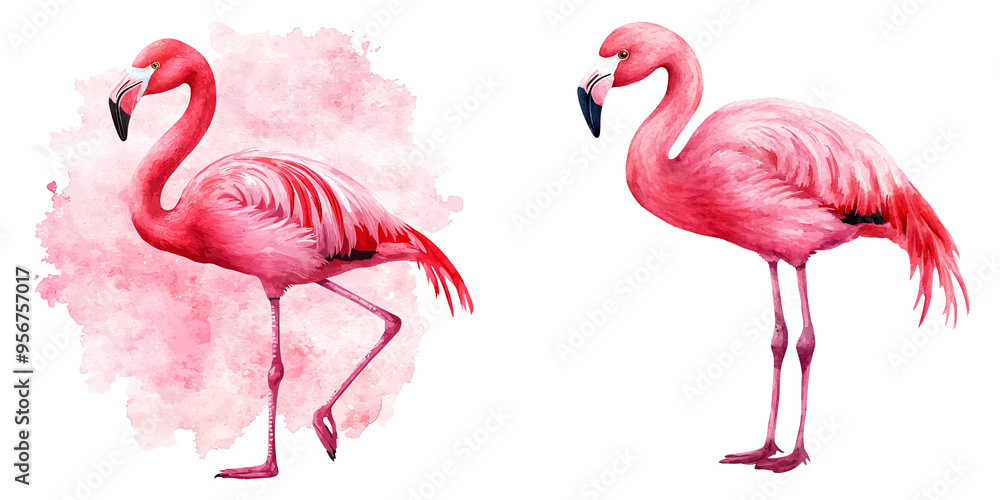 Obraz premium Two beautiful pink flamingos standing elegantly in a vibrant watercolor style, perfect for nature and wildlife themes.
