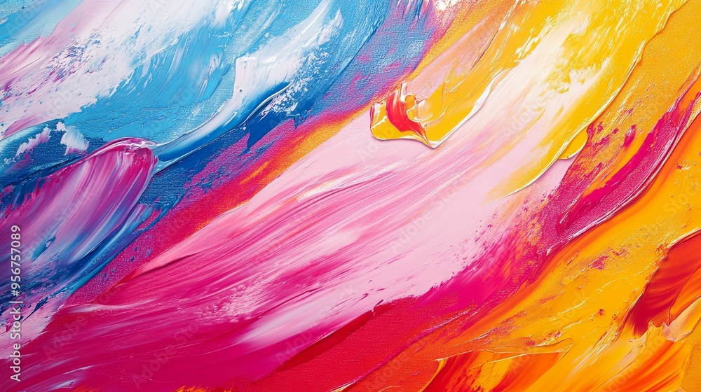 Abstract Painting with Swirls of Blue, Pink, Red, and Yellow Abstract Painting with Swirls of Blue, Pink, Red, and Yellow