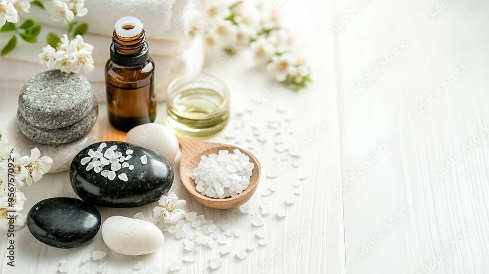 A relaxing aromatherapy setup with essential oils, stones, and salt on a wooden surface surrounded by flowers A relaxing aromatherapy setup with essential oils, stones, and salt on a wooden surface surrounded by flowers