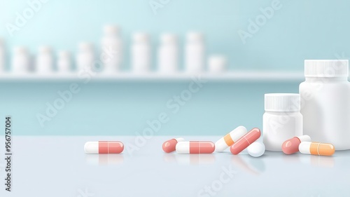 Pharmacy counter, with pills and capsules on display, flat design illustration