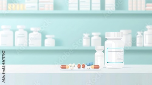 Pharmacy counter, with pills and capsules on display, flat design illustration