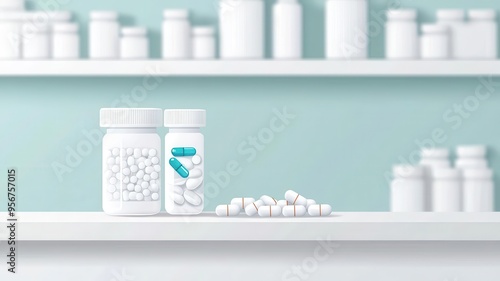 Pharmacy counter, with pills and capsules on display, flat design illustration