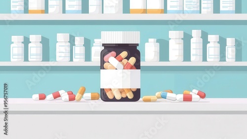 Pharmacy counter, with pills and capsules on display, flat design illustration