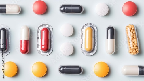 Pill blister pack, various capsules arranged neatly, flat design illustration