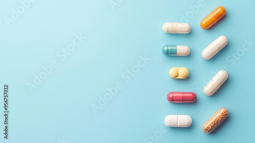 Pill blister pack, various capsules arranged neatly, flat design illustration