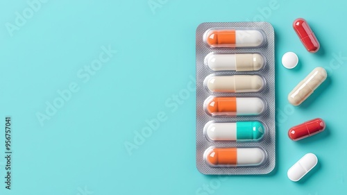 Pill blister pack, various capsules arranged neatly, flat design illustration
