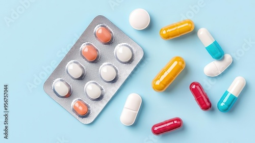 Pill blister pack, various capsules arranged neatly, flat design illustration