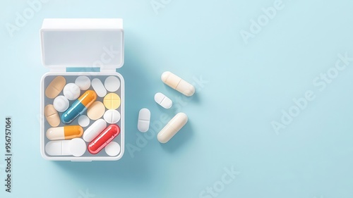Pill box, organized with different colored capsules, flat design illustration