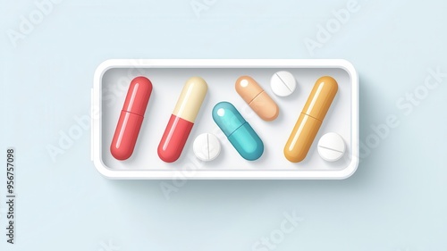 Pill box, organized with different colored capsules, flat design illustration