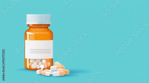 Prescription bottle, label with capsules pouring out, flat design illustration