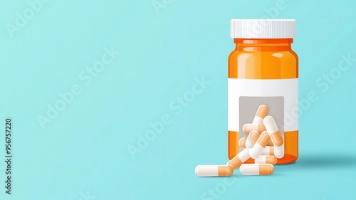 Prescription bottle, label with capsules pouring out, flat design illustration