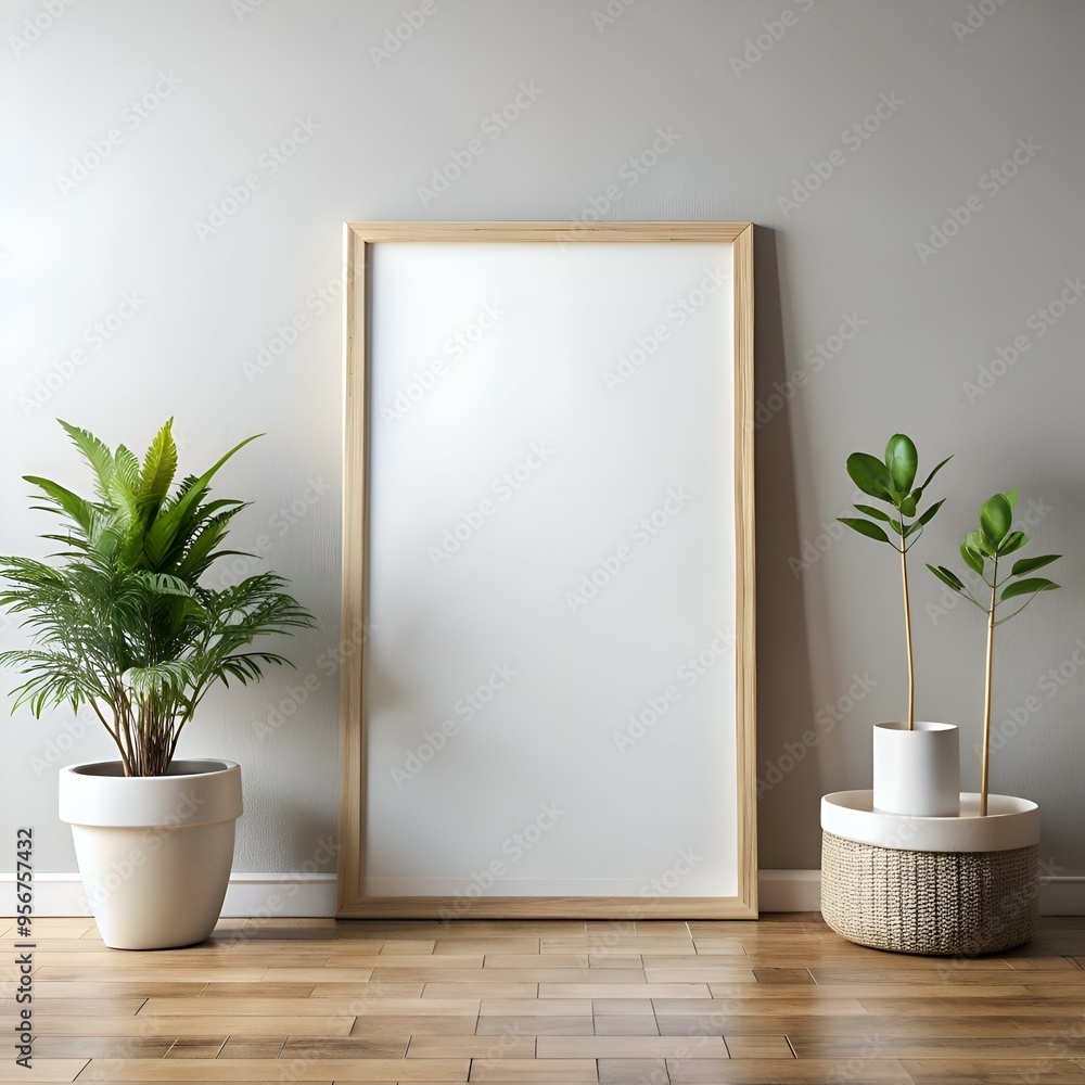 Blank canvas mockup with wooden frame. potted plants. and a grey wall background. Blank canvas mockup with wooden frame. potted plants. and a grey wall background.