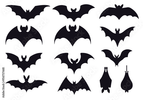 set of colored bat silhouettes, various bat shapes