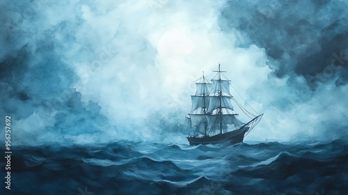 Ghost ship, sailing through a stormy night, spectral glow, Watercolor style