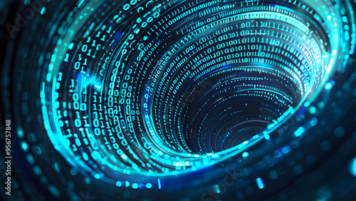 Abstract digital vortex made of glowing binary code against a dark background, representing data flow and technology concepts