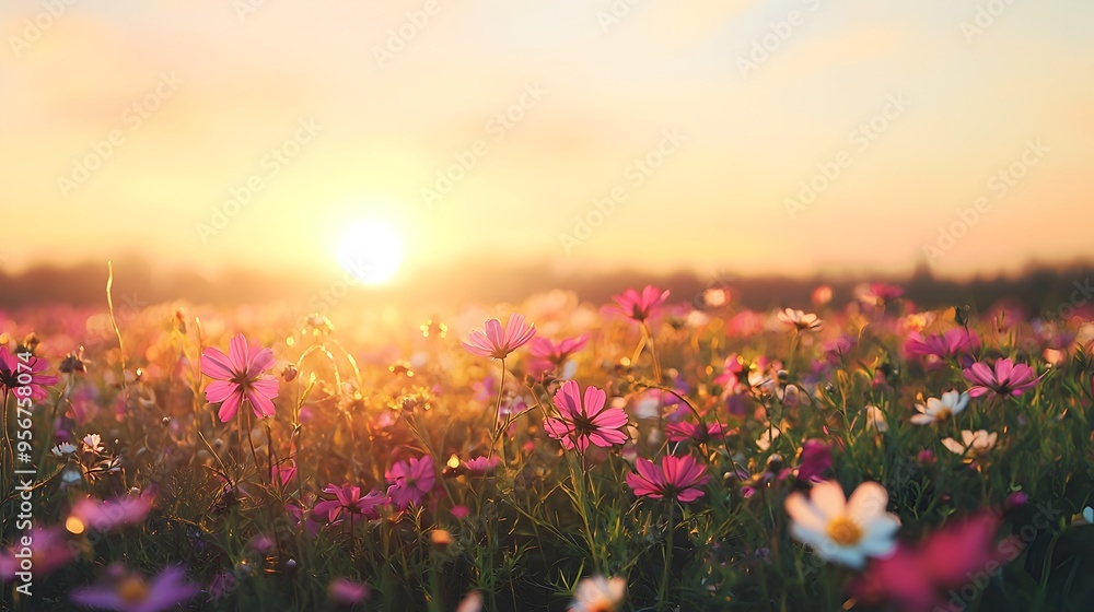 Soft Warm Glow Over Blooming Flower Field in Peaceful Countryside Landscape Soft Warm Glow Over Blooming Flower Field in Peaceful Countryside Landscape