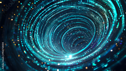 Quadro su tela Abstract digital vortex made of glowing binary code against a dark background, r