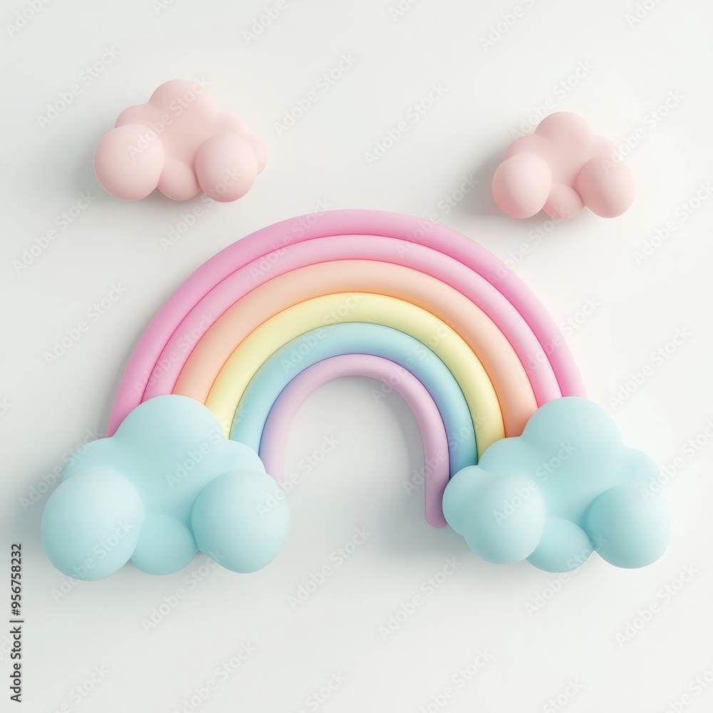 Pastel Rainbow with Fluffy Clouds: Minimalist 3D Illustration Pastel Rainbow with Fluffy Clouds: Minimalist 3D Illustration