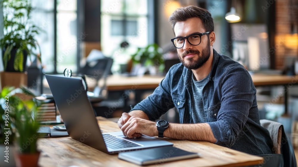 A man working at a laptop in a modern office setting, surrounded by plants and a warm atmosphere. A man working at a laptop in a modern office setting, surrounded by plants and a warm atmosphere.