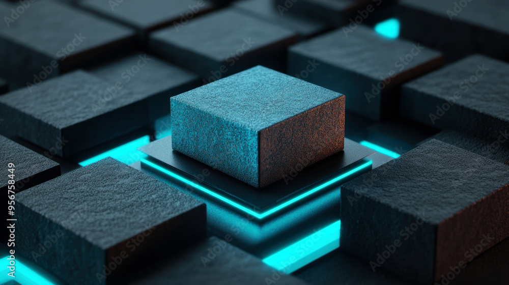Abstract Close-up of Elevated Cube with Glowing Blue Highlights on a Geometric Grid Abstract Close-up of Elevated Cube with Glowing Blue Highlights on a Geometric Grid