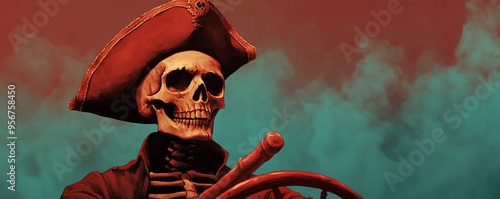 Skeleton pirate captain, steering through cursed waters, eerie glow, Watercolor style photo