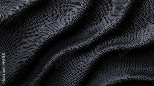 Close-up of a black fabric with a textured, dotted pattern and visible folds. The fabric's surface showcases a dynamic and three-dimensional appearance. photo